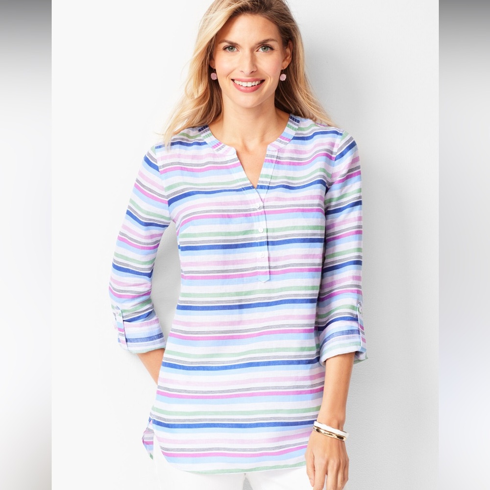 Talbots linen striped camp shirt long sleeve v-neck casual